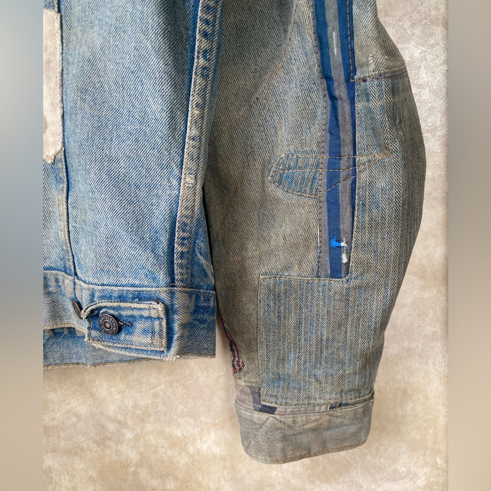 Vintage 70s 80s Levis OOAK Zig Zag Man Patchwork Denim Trucker Jacket Smoker - Picture 13 of 16